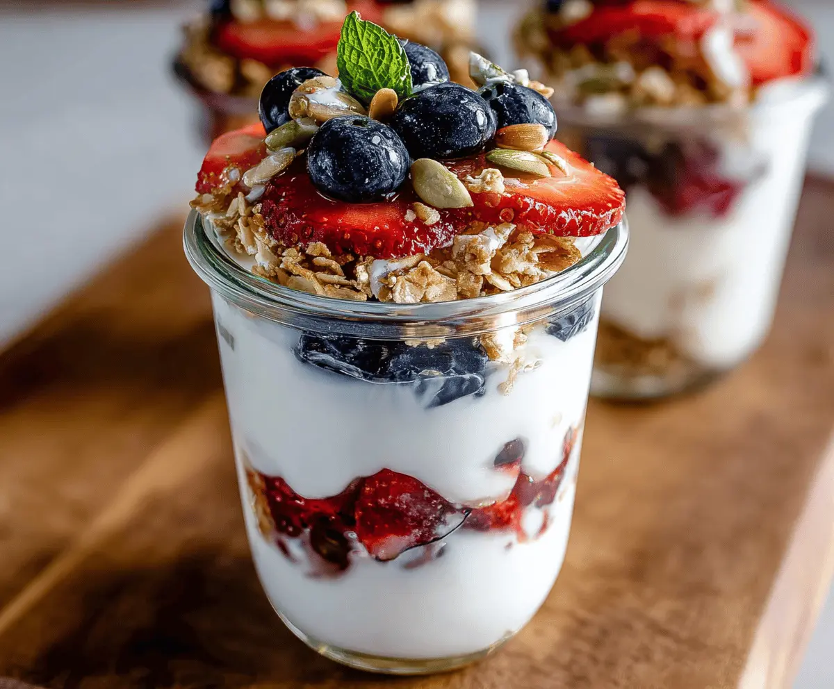 Layered Greek yogurt parfait with fresh berries and honey in a glass jar.