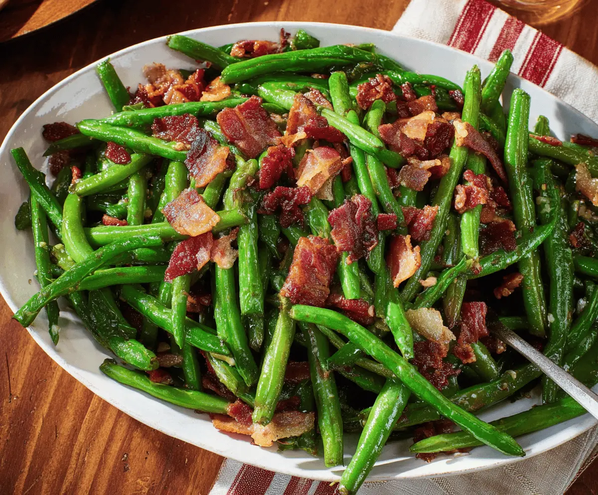 Fresh green beans with crispy bacon pieces served on a white plate