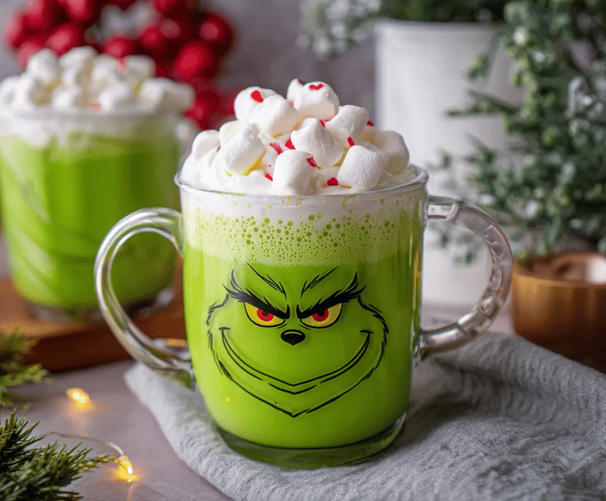 Festive Grinch Hot Chocolate with green whipped topping and candy decorations for Christmas cheer.