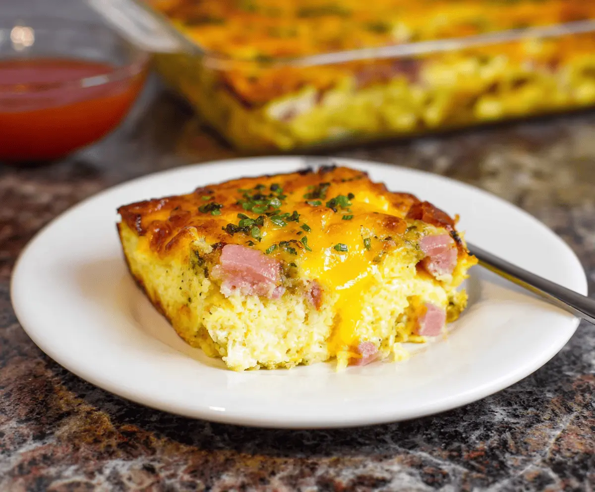 Delicious ham and egg casserole topped with melted cheese, perfect for breakfast or brunch.