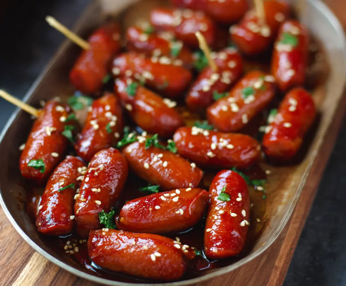 Delicious Honey Garlic Cocktail Smokies in a serving dish, perfect for parties and appetizers.
