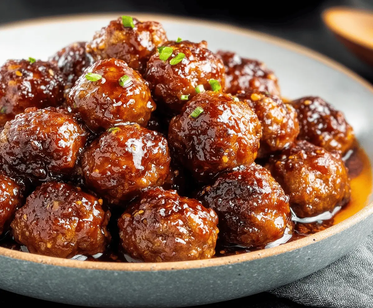 Delicious honey garlic meatballs served on a plate, garnished with fresh herbs, perfect for appetizer or dinner.