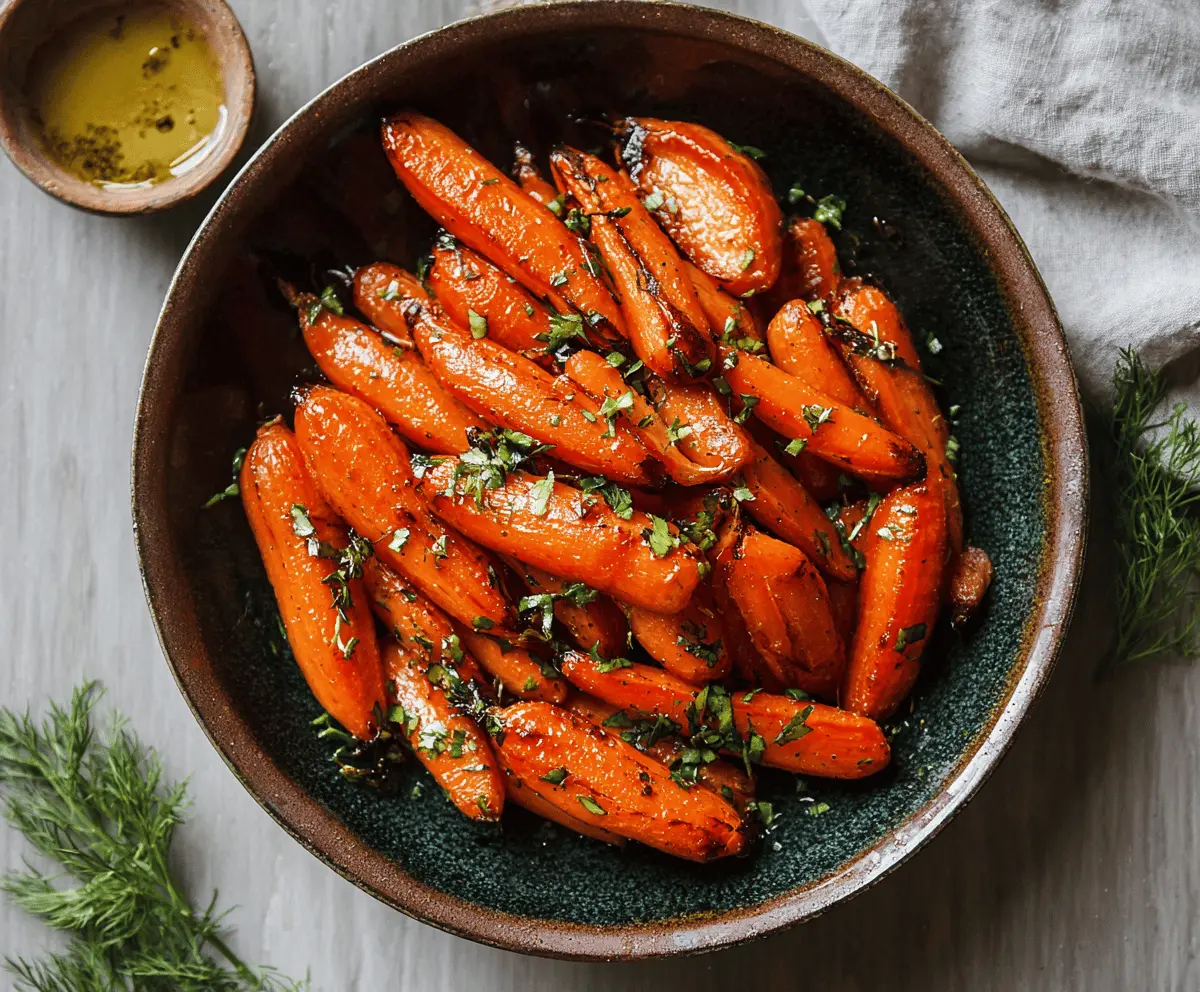 Delicious honey roasted carrots garnished with fresh herbs on a white plate.