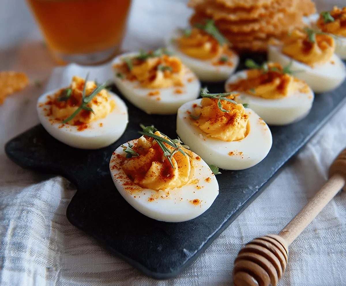 Creamy deviled eggs topped with hot honey drizzle for a spicy-sweet appetizer.