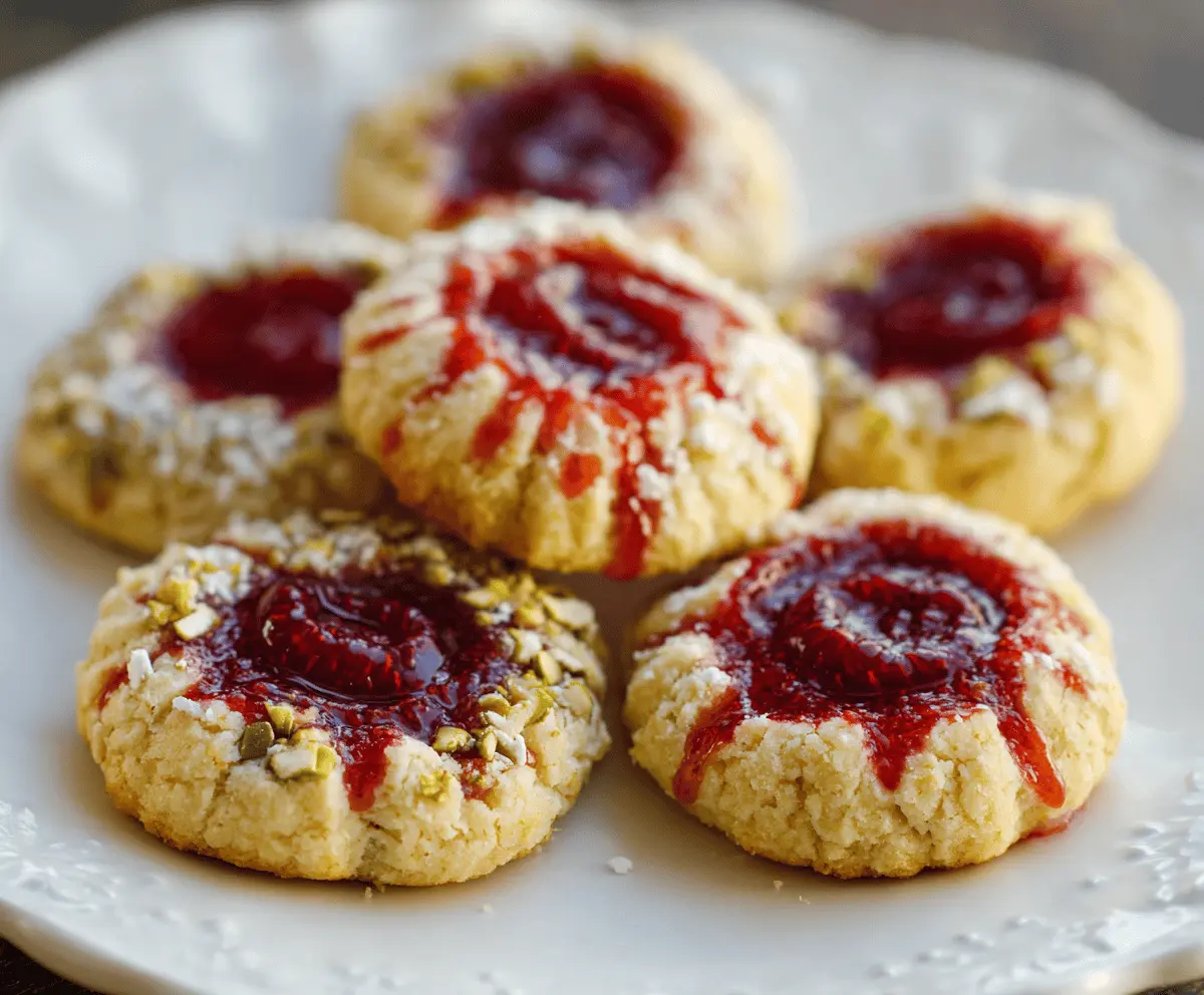 Delicious Italian Raspberry Thumbprint Cookies with fresh raspberries and a golden baked crust.