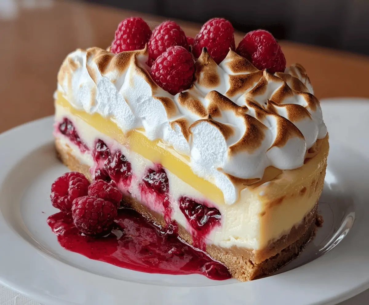 Delicious Lemon Raspberry Meringue Cheesecake with a golden crust and fluffy meringue topping.