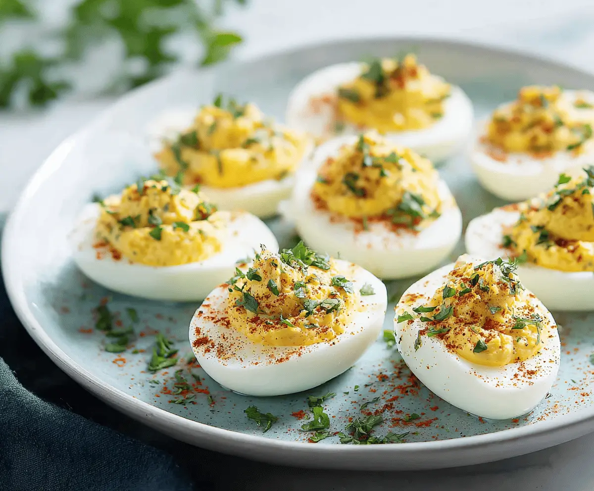 Delicious low-carb deviled eggs garnished with paprika and fresh herbs on a white plate.