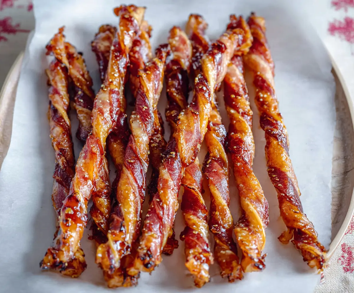 Savory Maple Bacon Twists with a glossy glaze and crispy bacon bits.