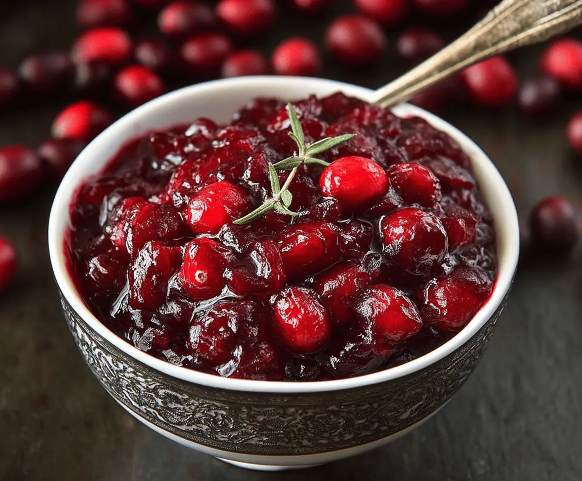 Close-up of fresh maple cranberry sauce in a glass bowl, highlighting its glossy texture and vibrant red color.