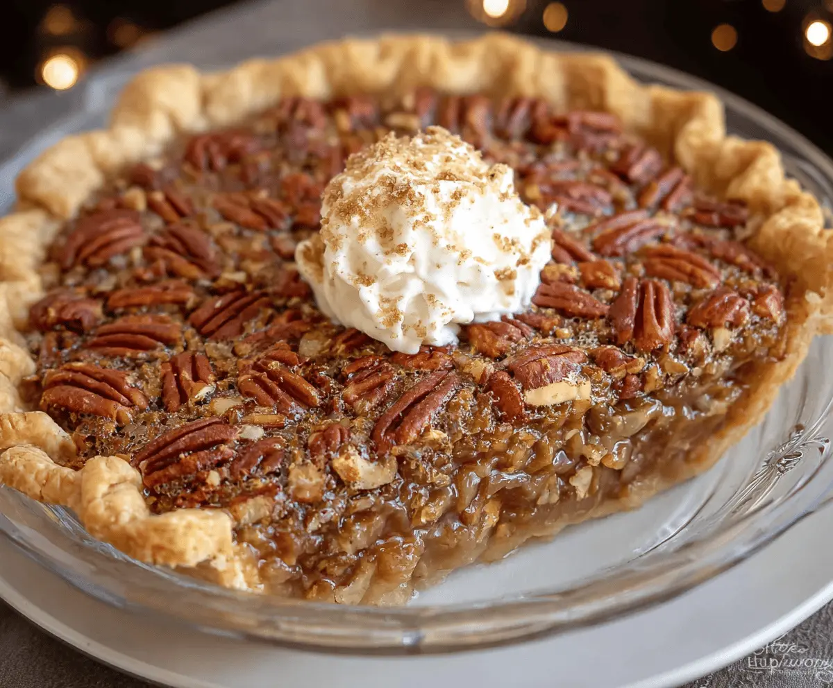 Delicious maple pecan pie topped with caramelized pecans and a golden crust.