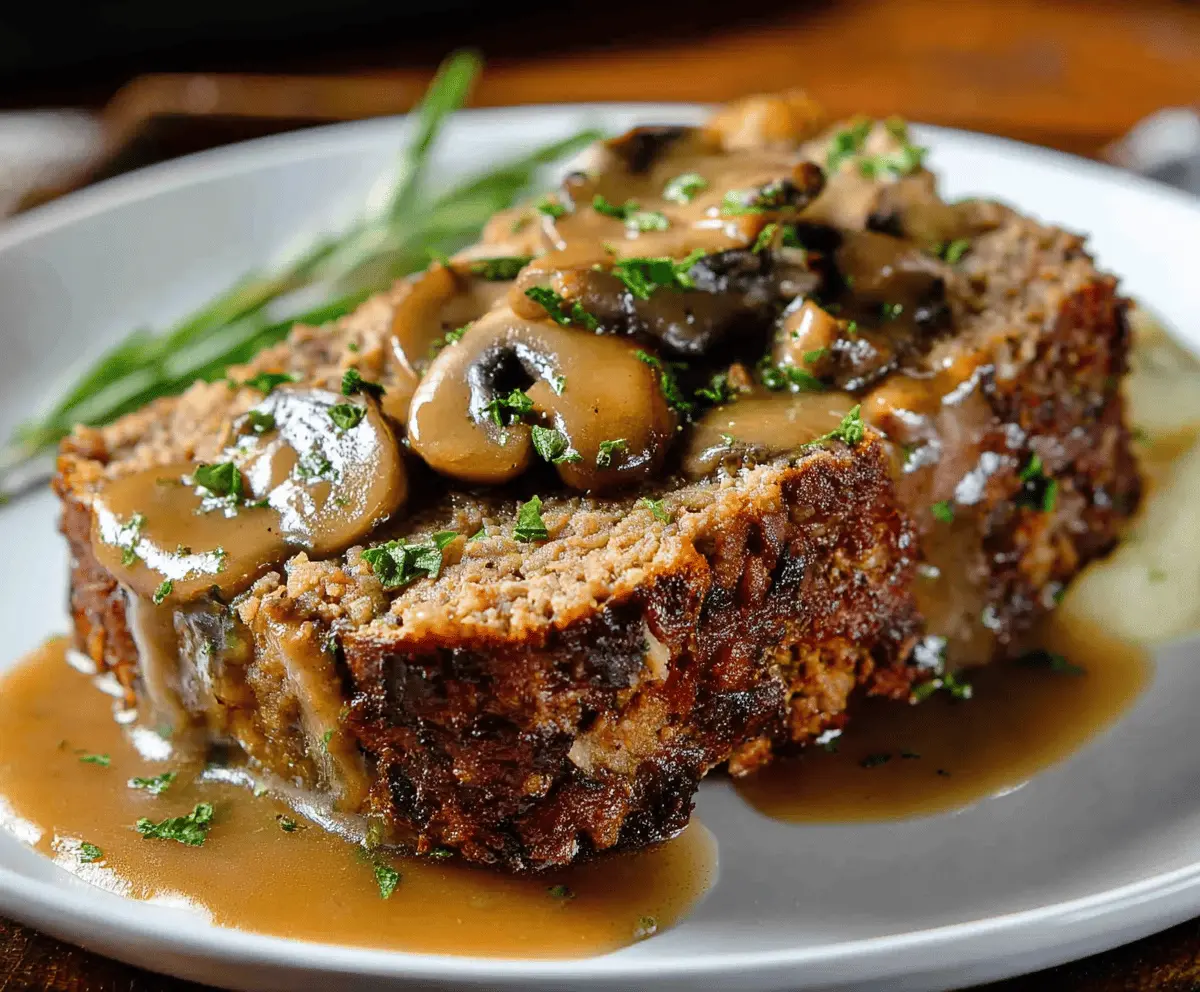 Delicious homemade meatloaf topped with savory mushroom gravy served on a rustic plate.