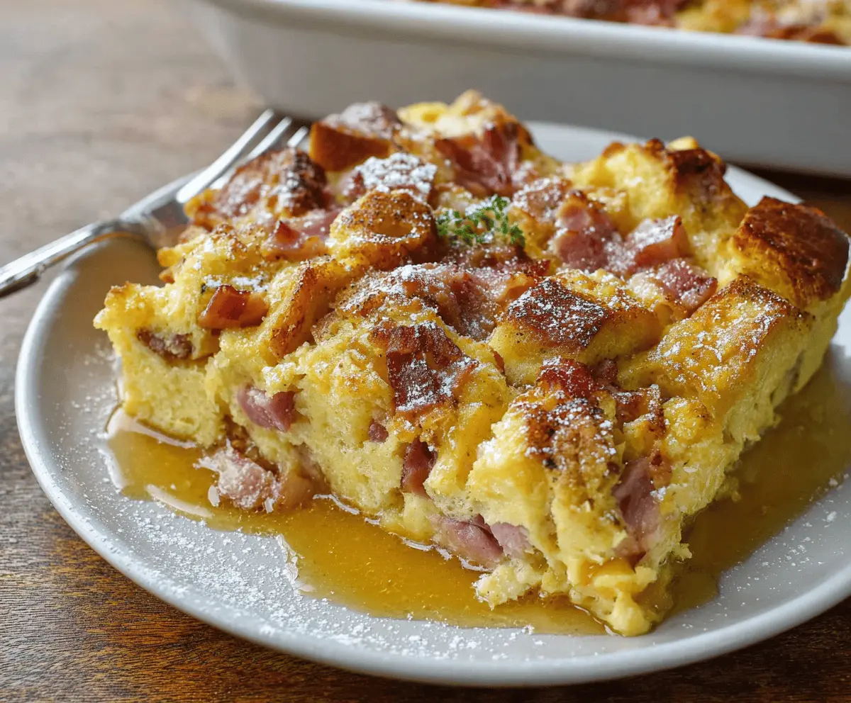 Delicious Monte Cristo Breakfast Casserole with melted cheese and crispy bread slices, perfect for brunch.