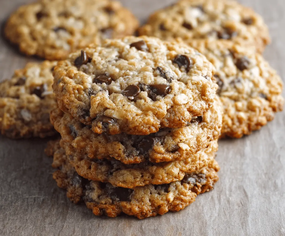Delicious homemade oatmeal chocolate chip cookies on a baking tray, perfect for snacking.