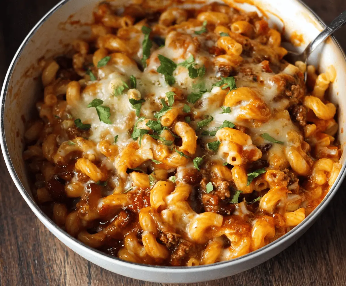Delicious one pot chili mac and cheese in a serving bowl, showcasing creamy cheese and spicy chili on a rustic wooden table.
