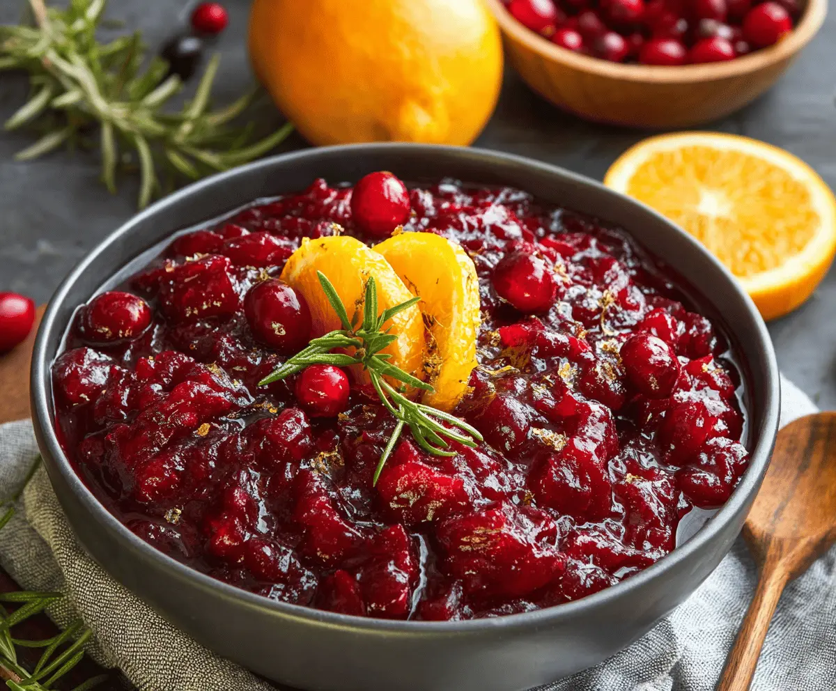 Sweet and tangy orange cranberry sauce served in a clear glass bowl, perfect for holiday desserts.