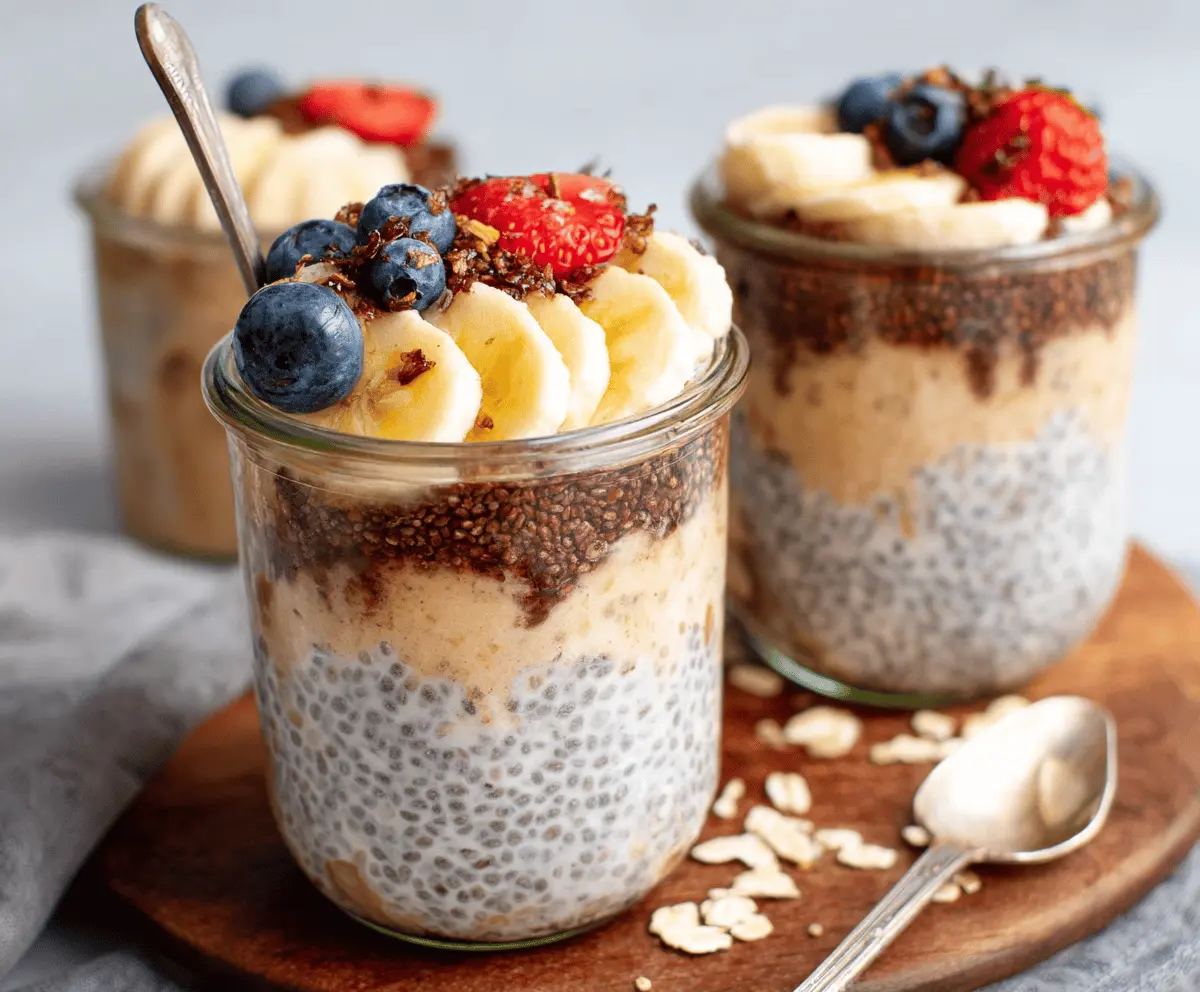 Creamy overnight oats with chia seeds and fresh fruit for a healthy breakfast