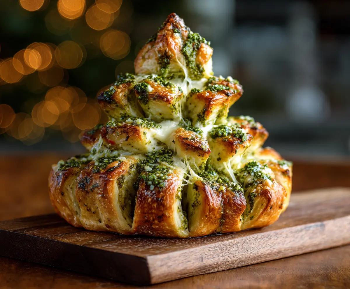 Delicious Pesto Christmas Tree Pull-Apart Bread topped with fresh basil and Parmesan cheese for holiday celebrations.