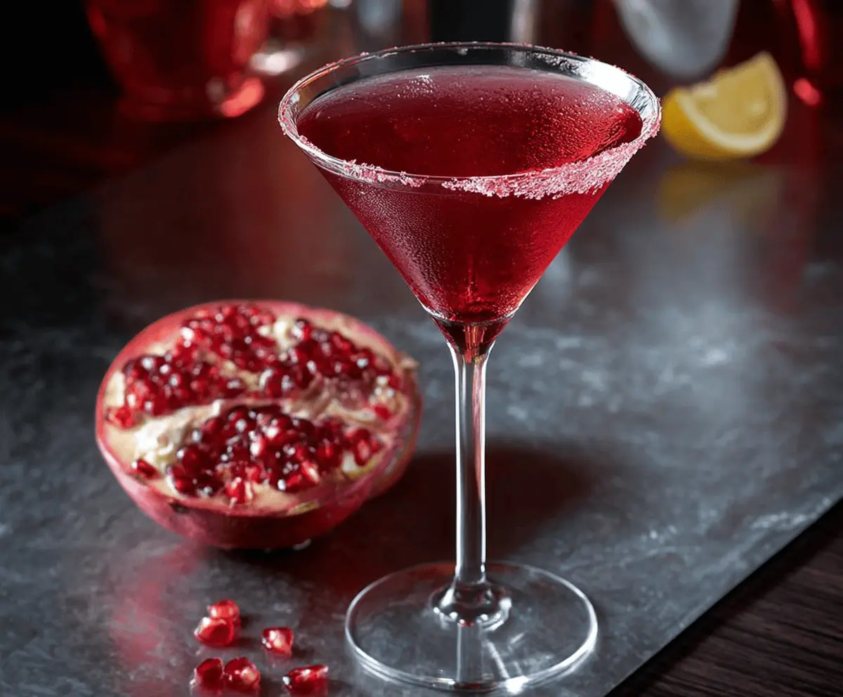 Elegant Pomegranate Martini cocktail garnished with fresh pomegranate seeds and a citrus twist.