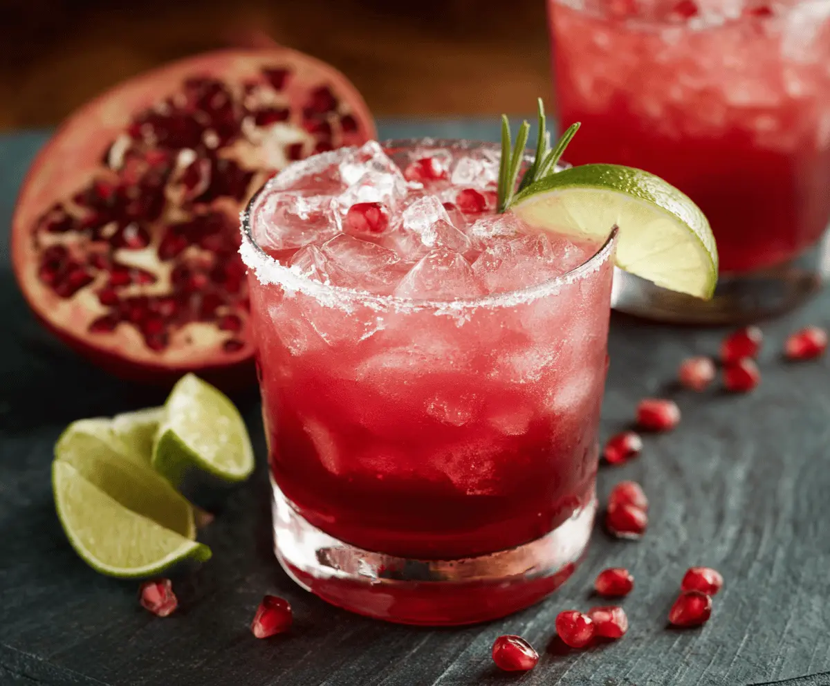 Refreshing Pomegranate Paloma cocktail with fresh pomegranate seeds and a salted rim showcased in an elegant glass.