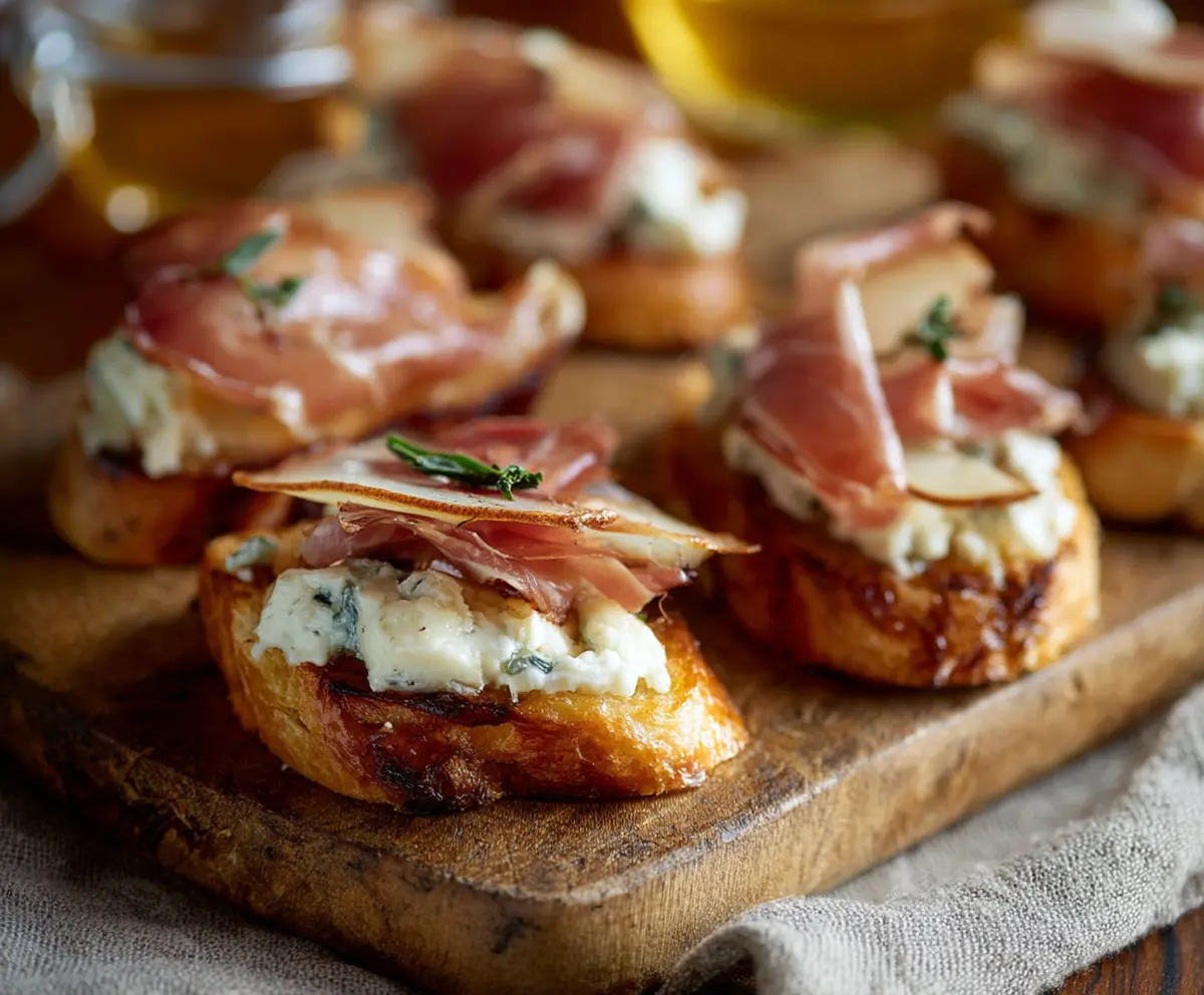 Delicious Prosciutto Pear Gorgonzola Crostini with fresh ingredients and elegant presentation