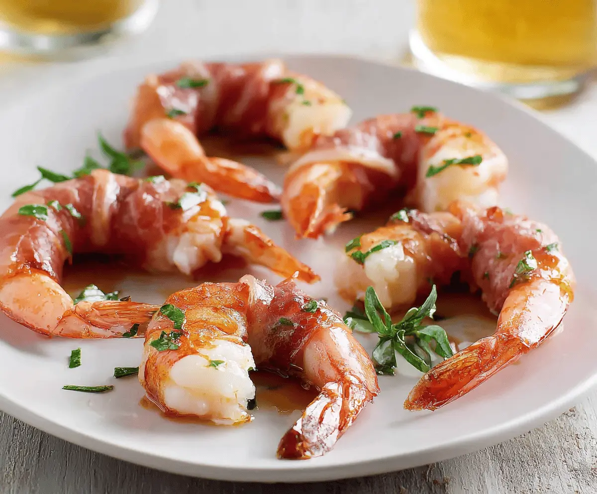 Delicious prosciutto wrapped shrimp appetizer on a plate, garnished with herbs