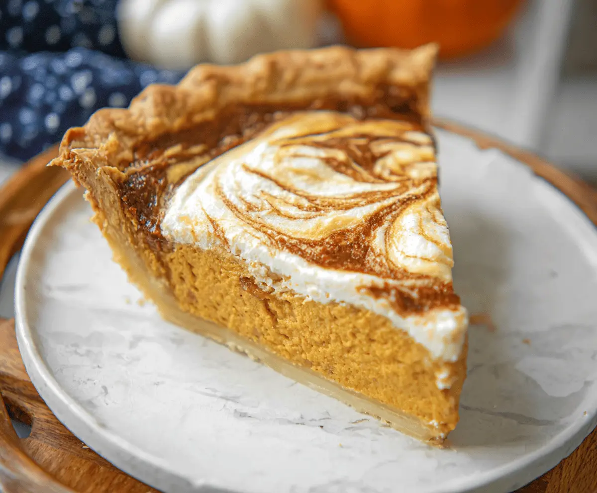 Delicious pumpkin cheesecake swirl pie with a creamy filling and crunchy crust.