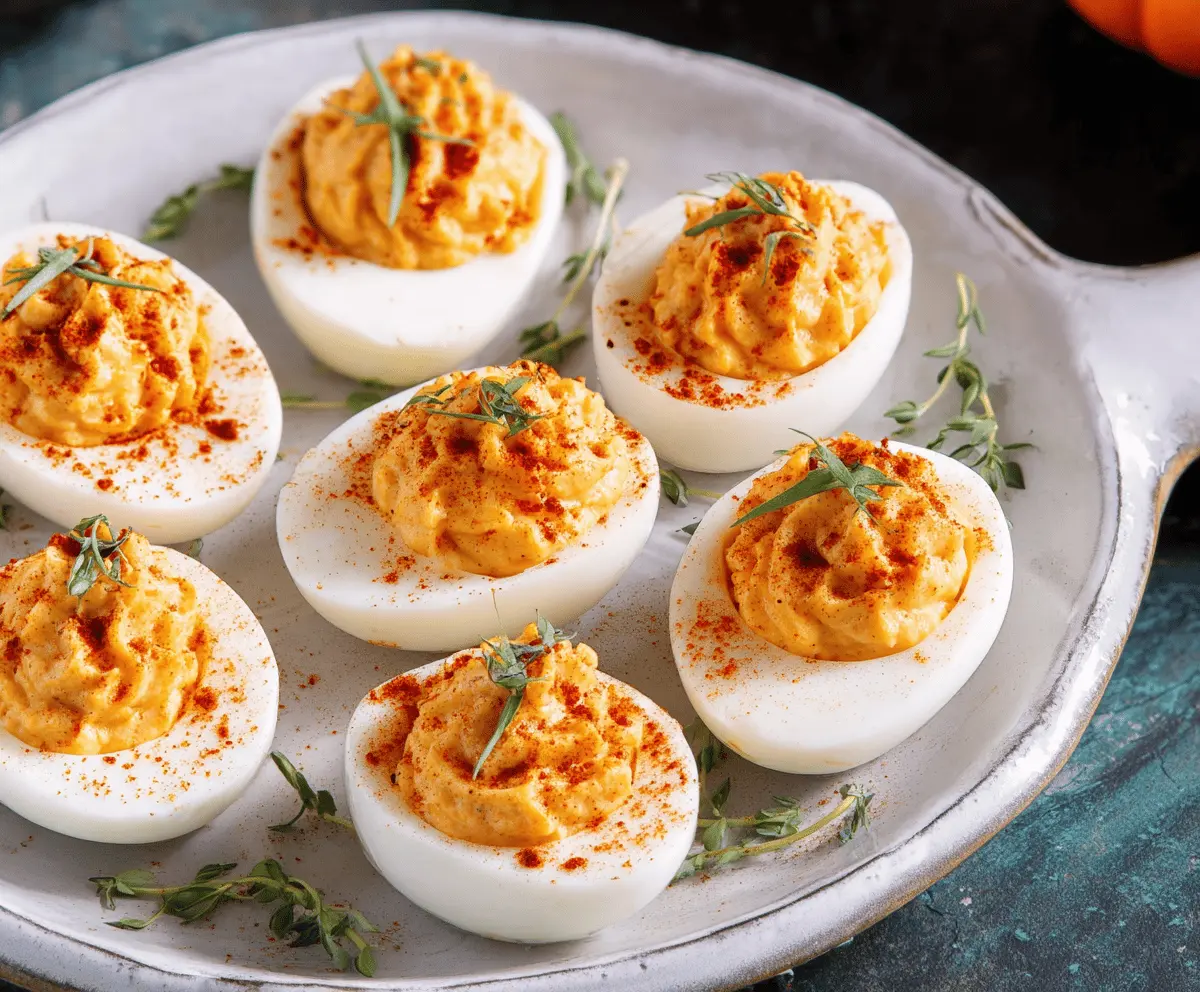 Delicious pumpkin-themed deviled eggs garnished with herbs for a festive appetizer