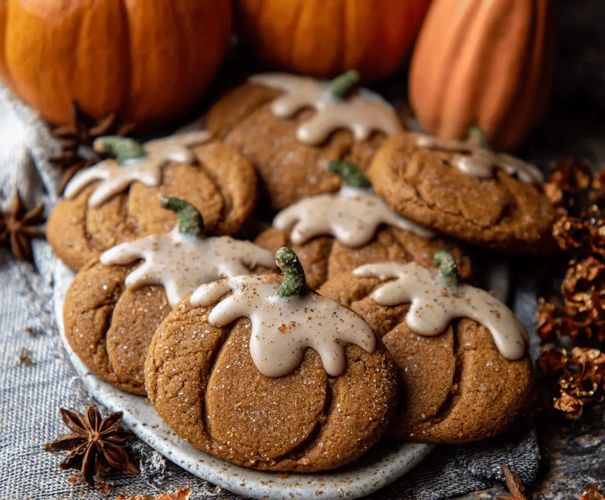 Delicious homemade pumpkin gingerbread cookies on a festive plate, perfect for fall celebrations.