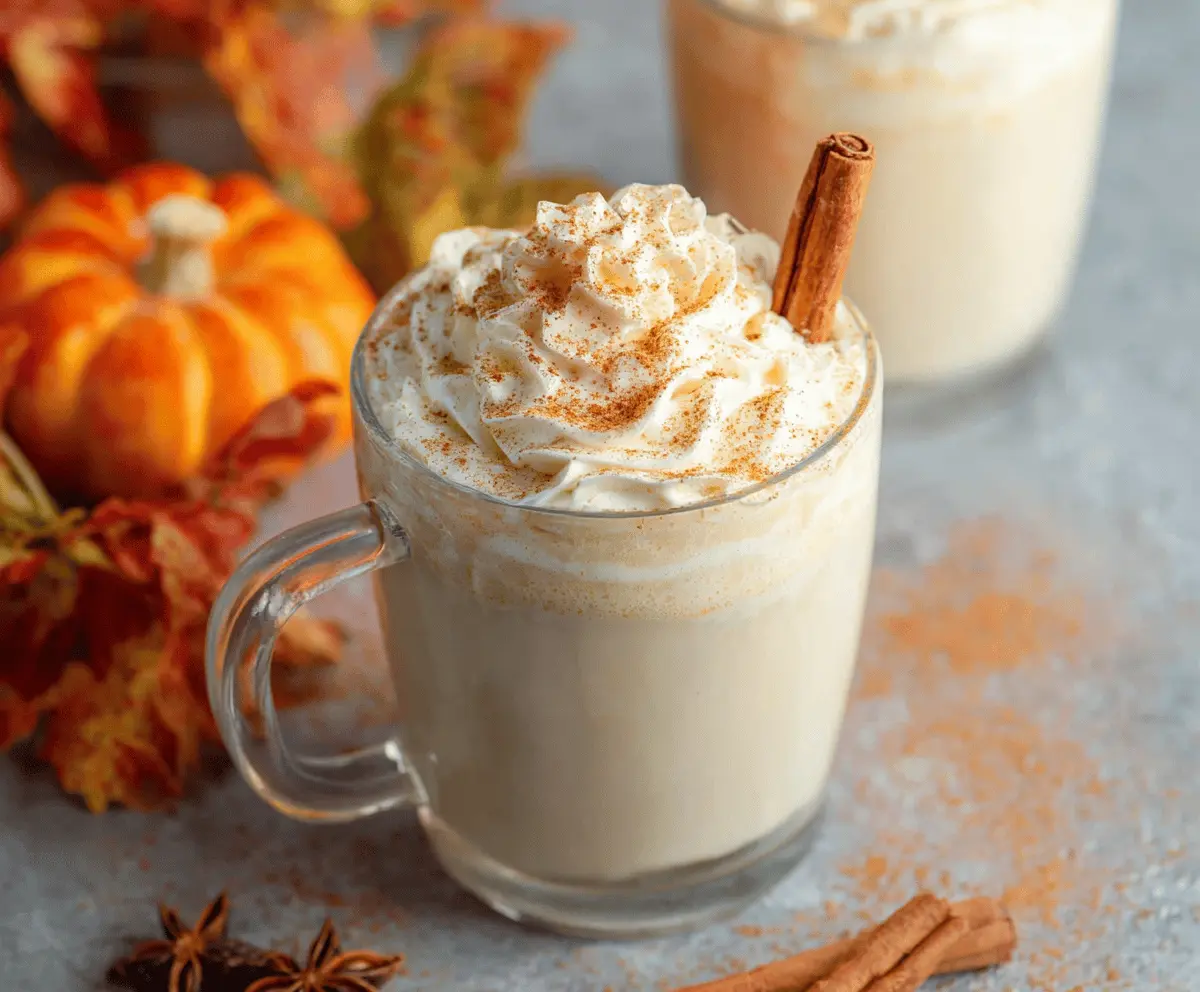 Creamy pumpkin white hot chocolate in a mug topped with whipped cream and cinnamon, perfect for fall evenings.
