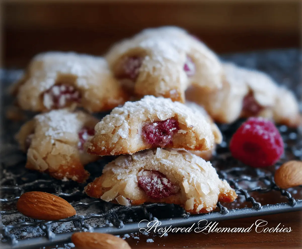 Delicious Raspberry Almond Crescent Cookies fresh out of the oven, showcasing golden-brown crescent shapes with raspberry and almond filling.
