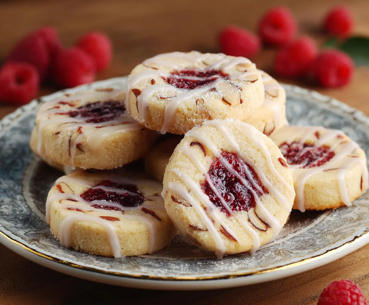 Delicious Raspberry Almond Shortbread Cookies with a golden crust and berry-filled center.