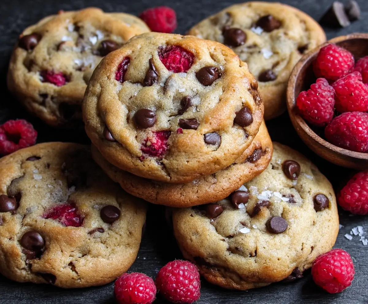 Delicious homemade raspberry and chocolate chip cookies on a rustic wooden table.