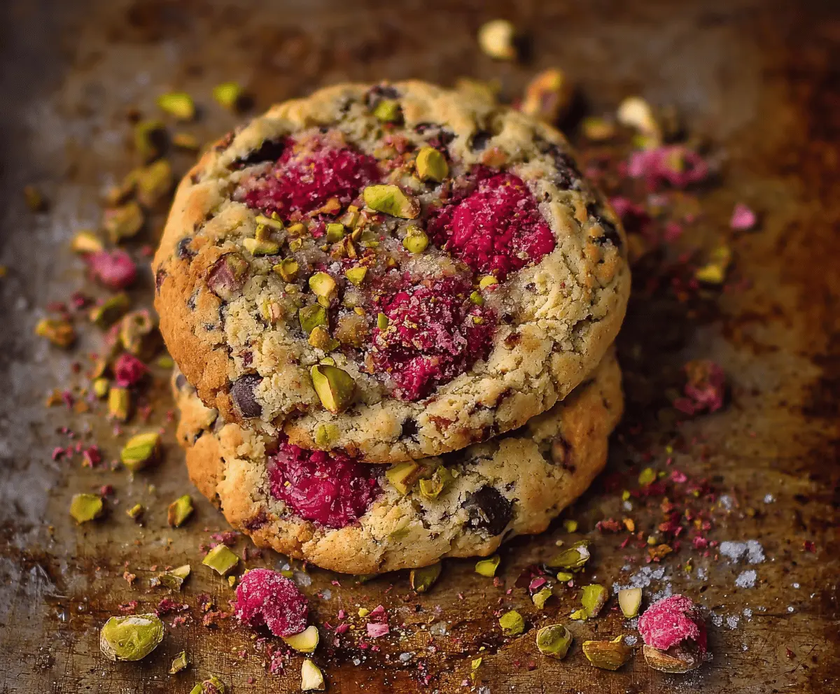 Delicious raspberry and pistachio cookies on a wooden plate, showcasing vibrant red berries and green pistachios.