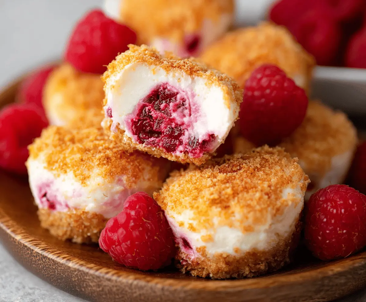 Delicious Raspberry Cheesecake Bites garnished with fresh raspberries and a mint leaf on a white plate.
