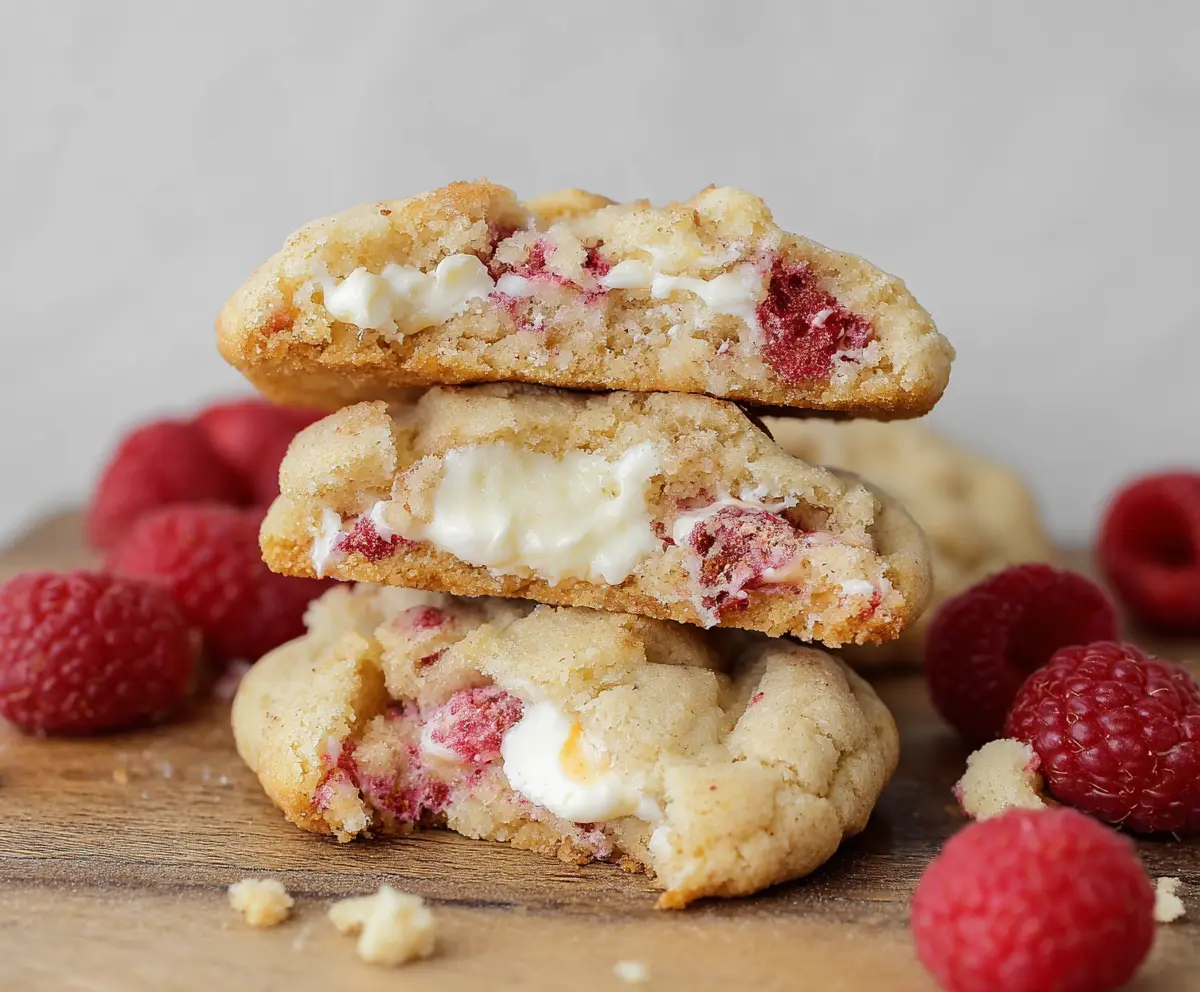 Delicious Raspberry Cheesecake Stuffed Cookies with fresh raspberries and creamy cheesecake filling.