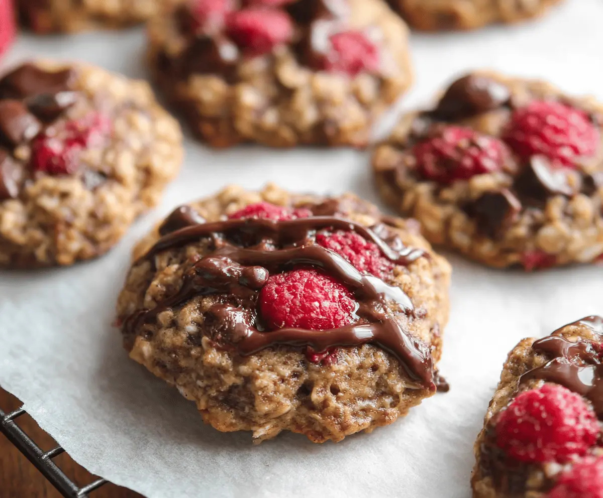 Delicious Raspberry Chocolate Oatmeal Cookies on a plate, showcasing a mix of fresh raspberries, chocolate chunks, and hearty oats.