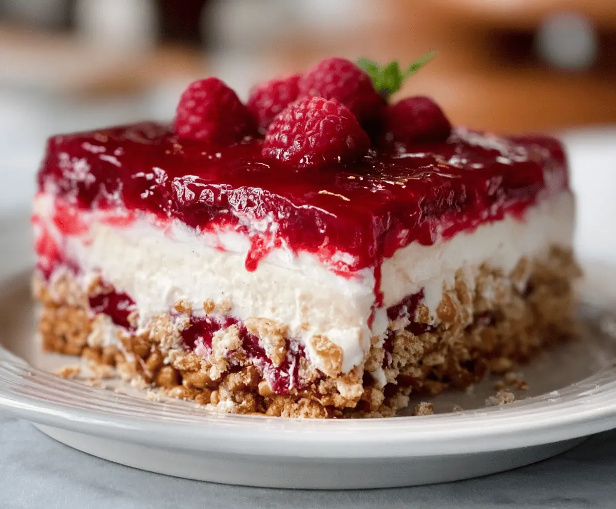 Delicious Raspberry Pretzel Salad Cake with layers of raspberries, pretzel crust, and creamy topping.