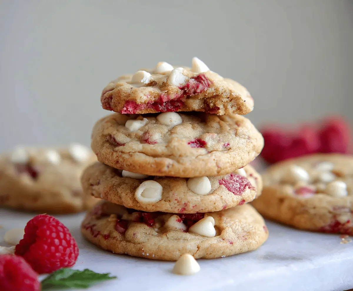 Delicious raspberry white chocolate chip cookies fresh out of the oven, showcasing vibrant berries and melty chocolate.