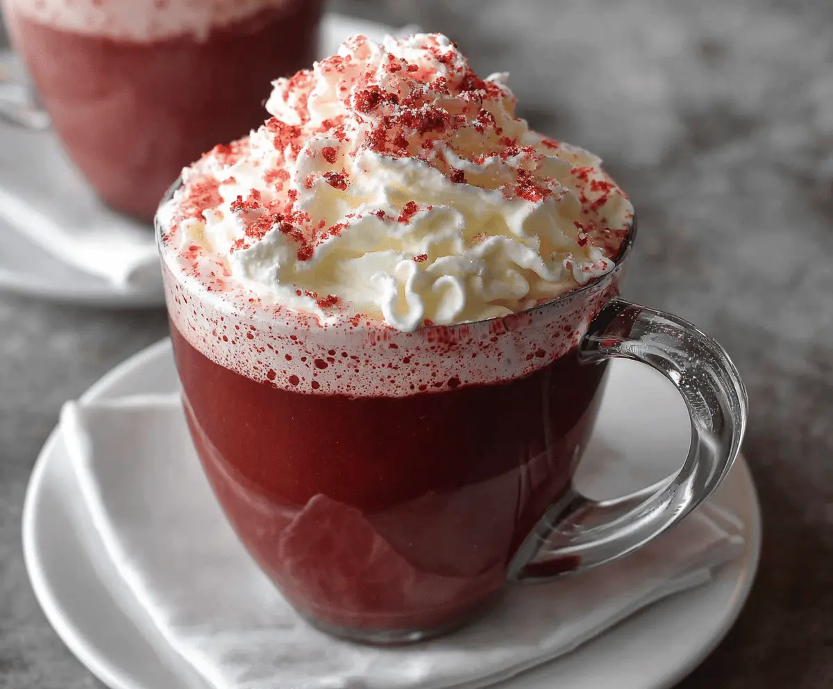 Creamy red velvet hot chocolate topped with whipped cream and chocolate shavings in a cozy mug.