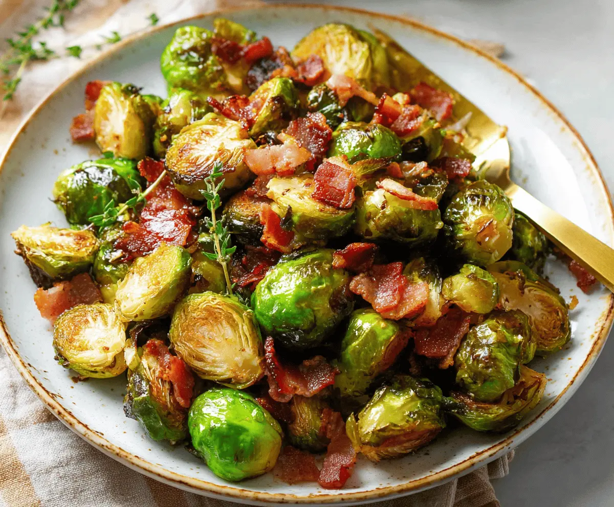 Delicious roasted Brussels sprouts with crispy bacon, perfect for a healthy side dish
