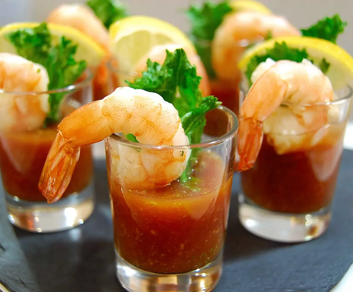Elegant shrimp cocktail shooters served in mini glasses with fresh lemon wedges