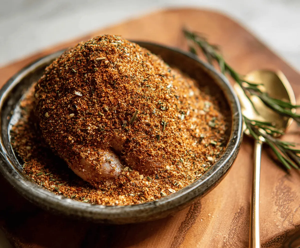 Close-up of a simple turkey rub seasoning on raw turkey meat, perfect for grilling or roasting.