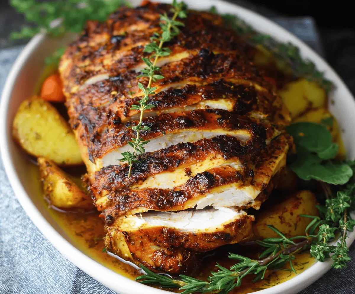 Juicy slow cooker turkey breast served with herbs and vegetables, perfect for a hearty meal.
