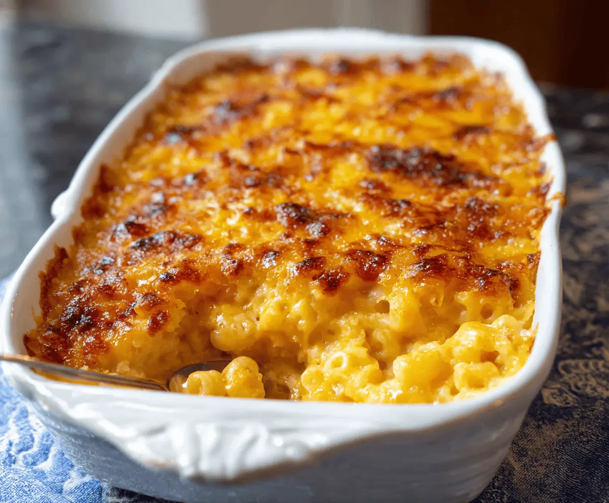 Creamy Southern Baked Mac and Cheese topped with golden cheese crust in a rustic baking dish.