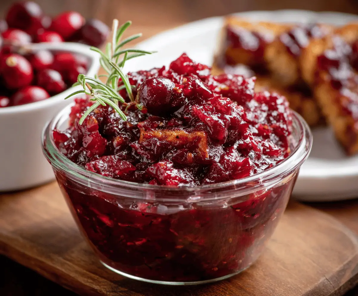 Delicious spicy chipotle cranberry chutney served in a bowl, showcasing vibrant colors and textures.