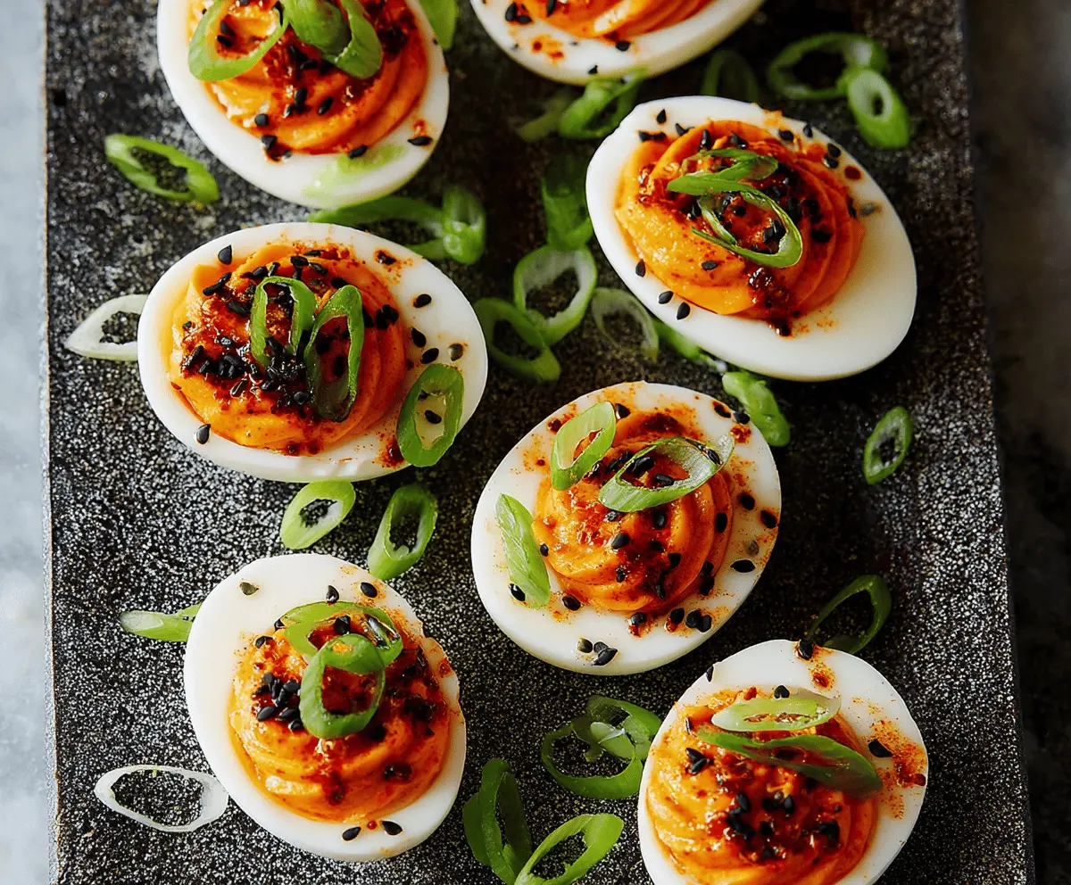 Delicious Spicy Gochujang Deviled Eggs garnished with fresh herbs on a white plate.