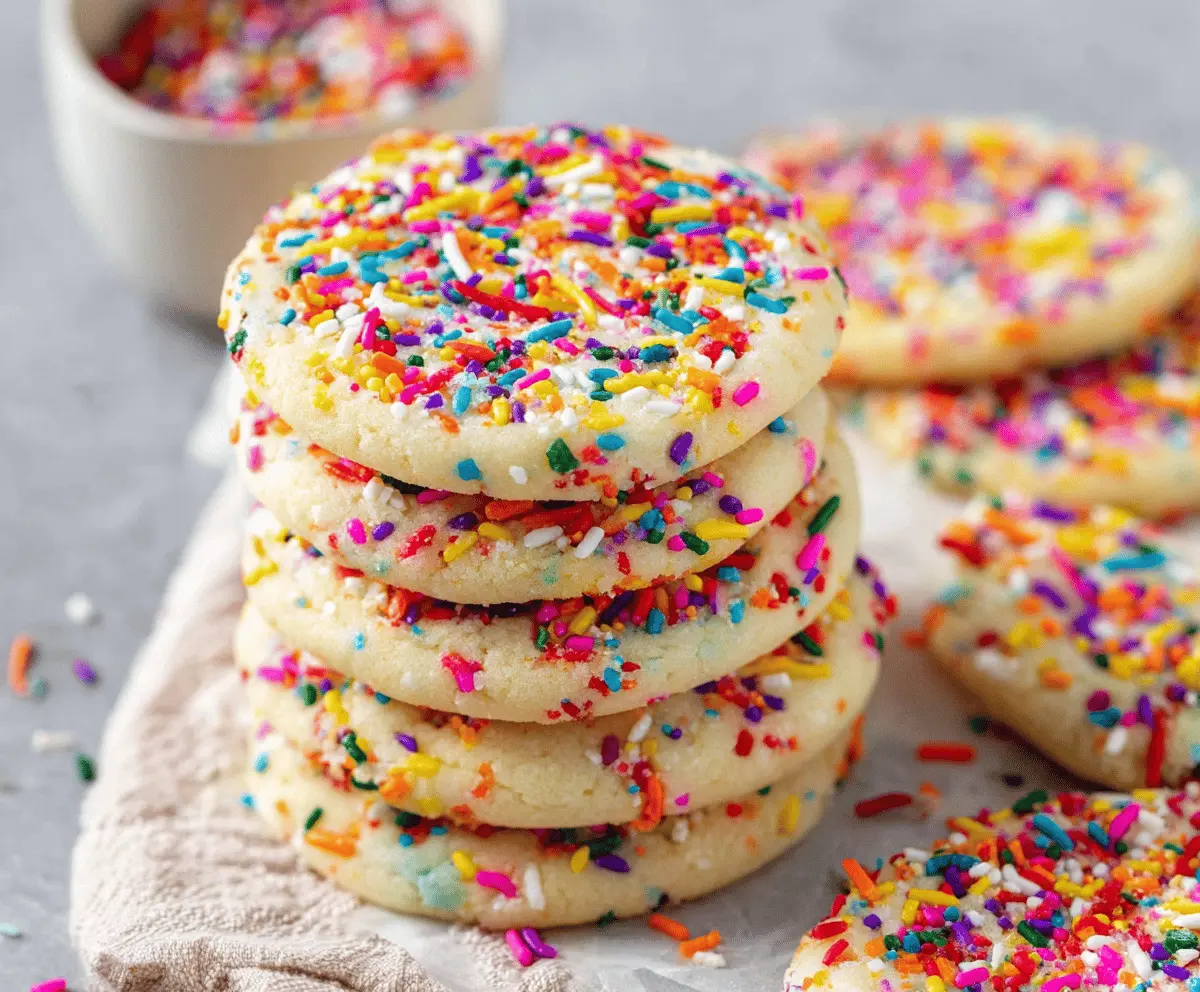 Delicious sprinkle sugar cookies with colorful toppings on a wooden baking tray.