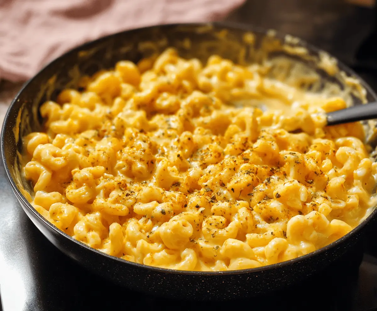 Creamy stovetop mac and cheese served in a rustic bowl, perfect comfort food for dinner.