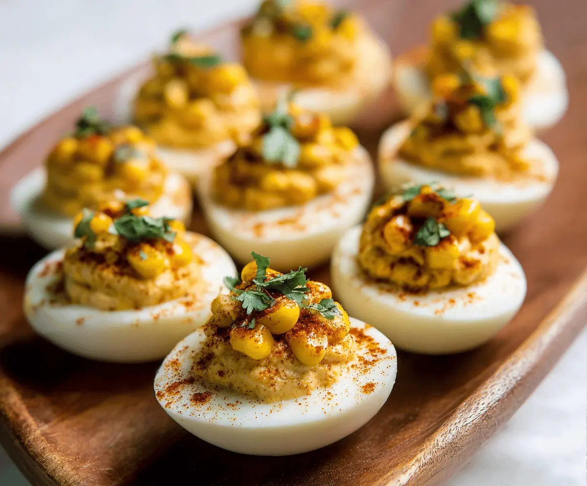 Delicious Street Corn Deviled Eggs topped with colorful seasonings and fresh herbs.
