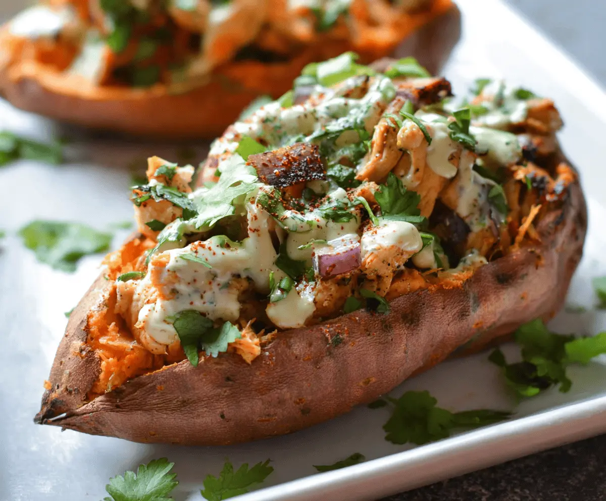 Hearty stuffed sweet potato topped with seasoned chicken and fresh herbs.